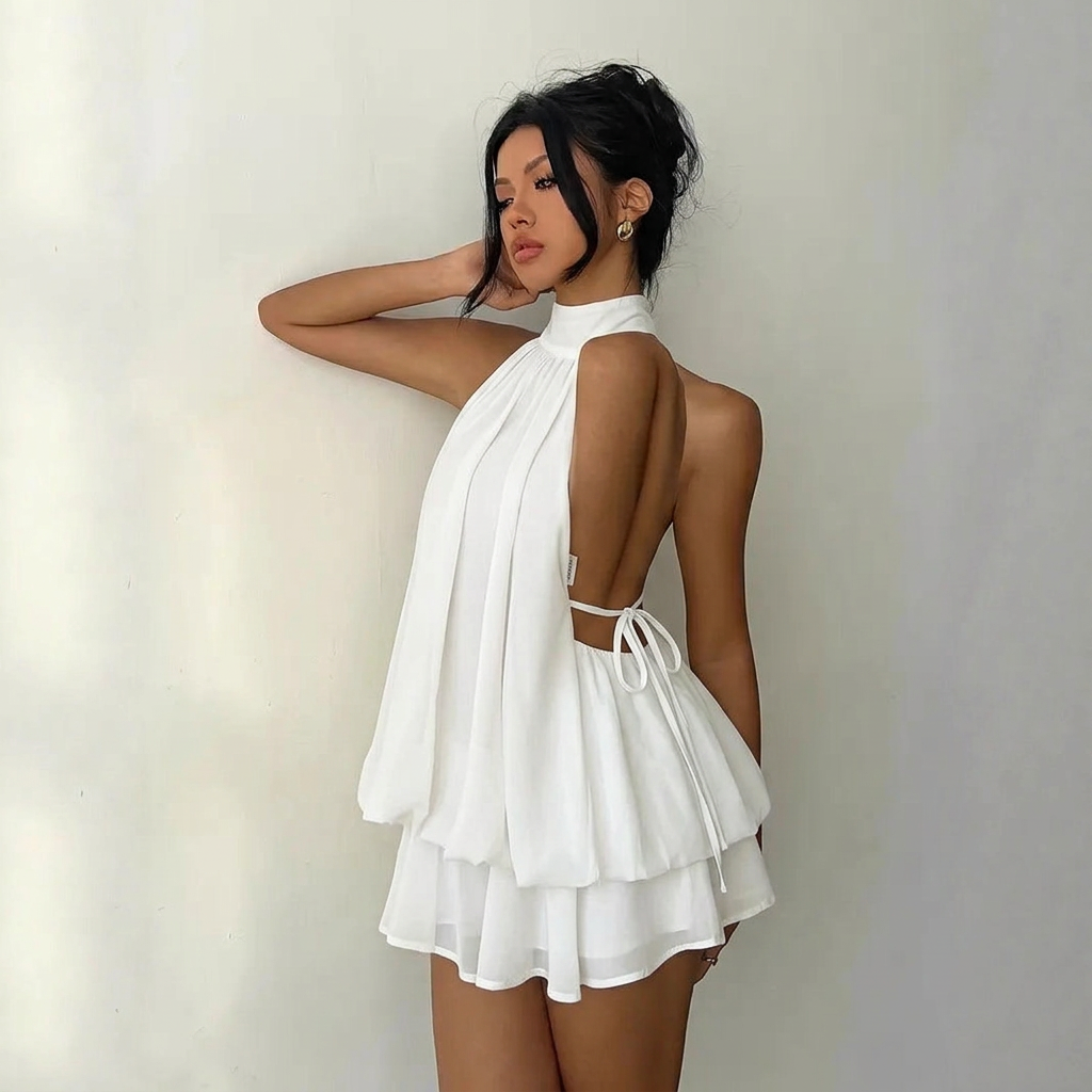 Women's vacation fitted sexy backless halter neck tie-waist dress - White