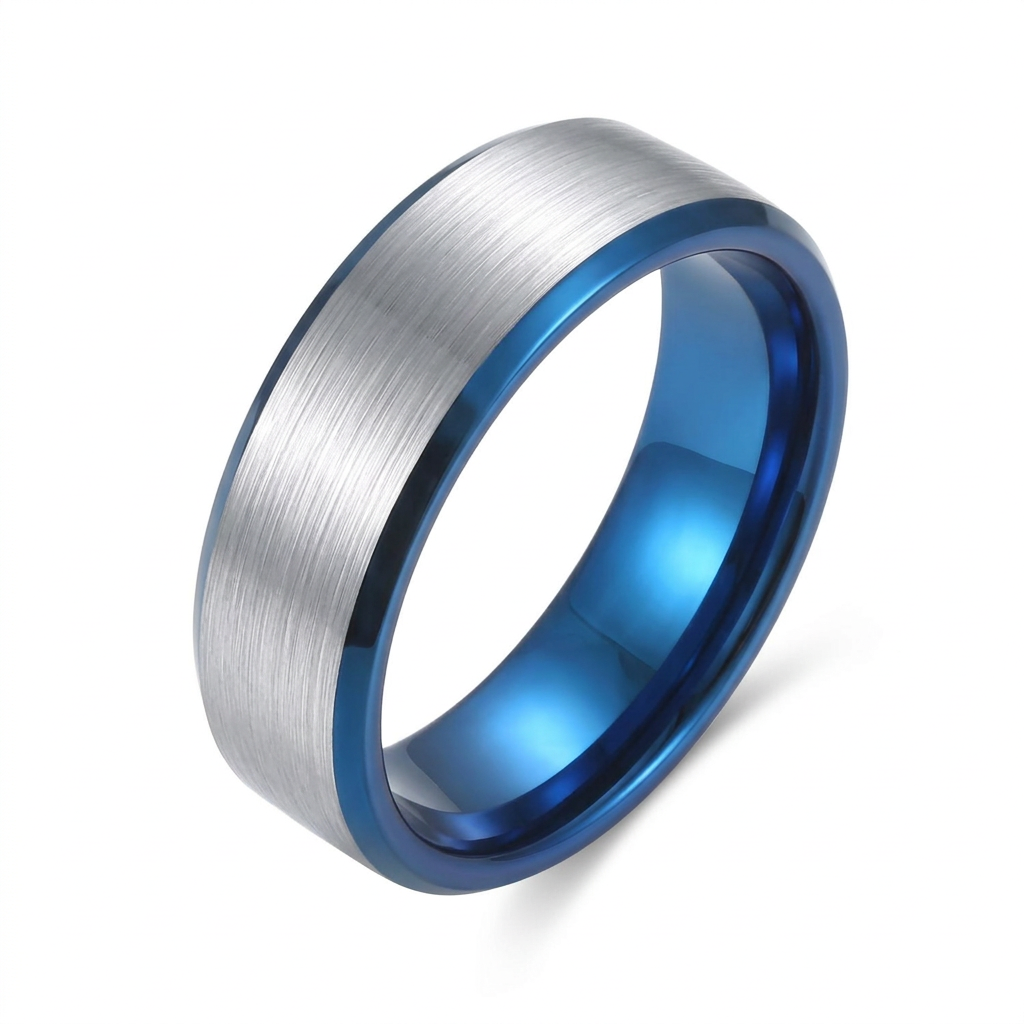 Men's Tungsten Steel Ring - Double-Tone Design, 8mm Silver + Blue