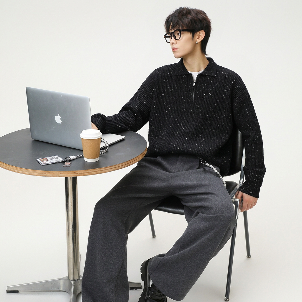 Half zip lapel sweater for men - Starry Black