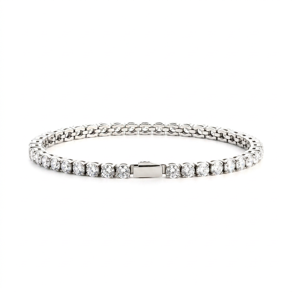 Men's Tennis Chain Bracelet - 3MM Steel Color Round White Diamond