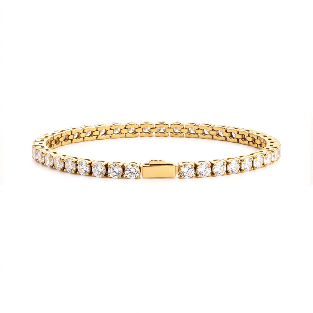 Men's Tennis Chain Bracelet - 3MM Golden Round White Diamond