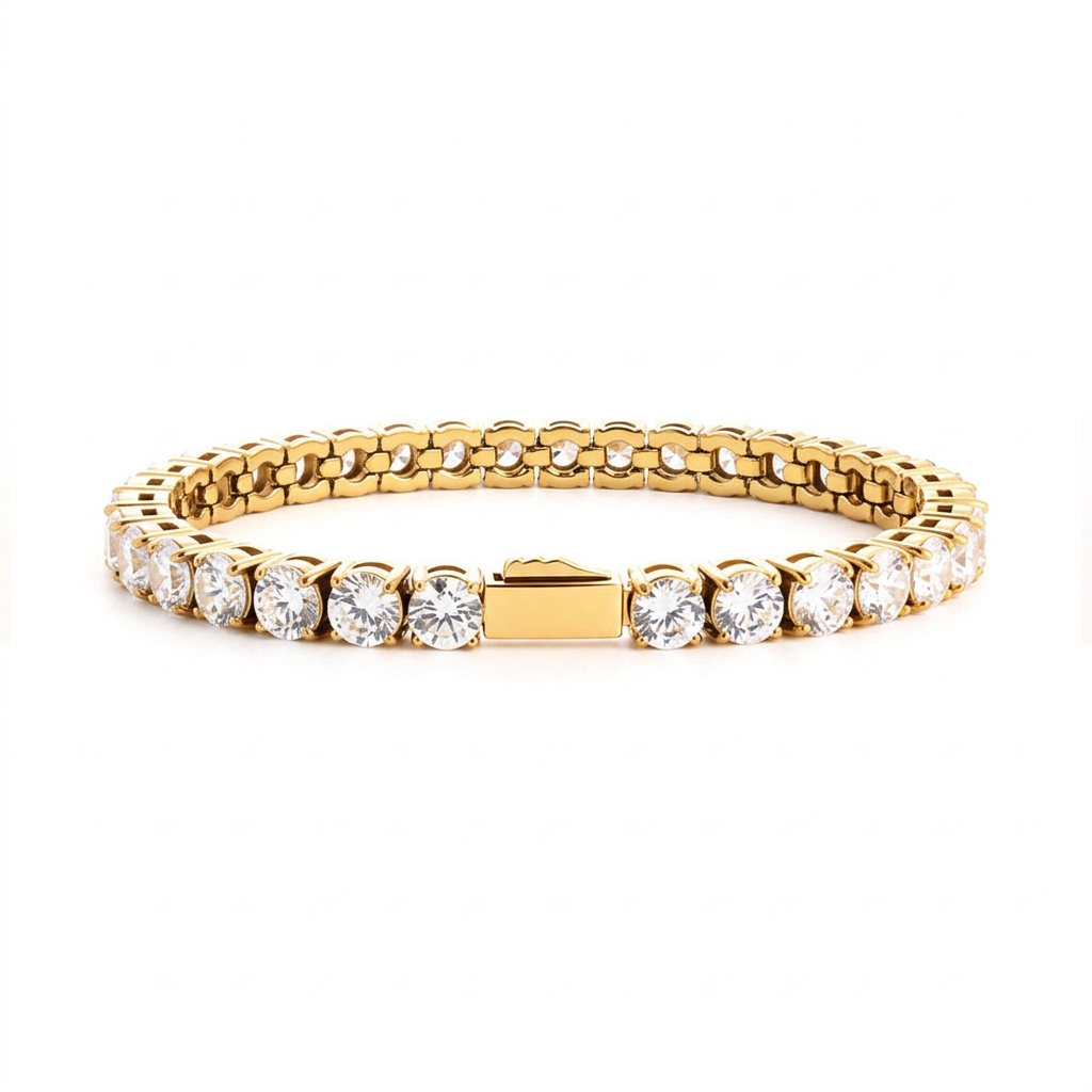 Men's Tennis Chain Bracelet - 5MM Gold Color Round White Diamond