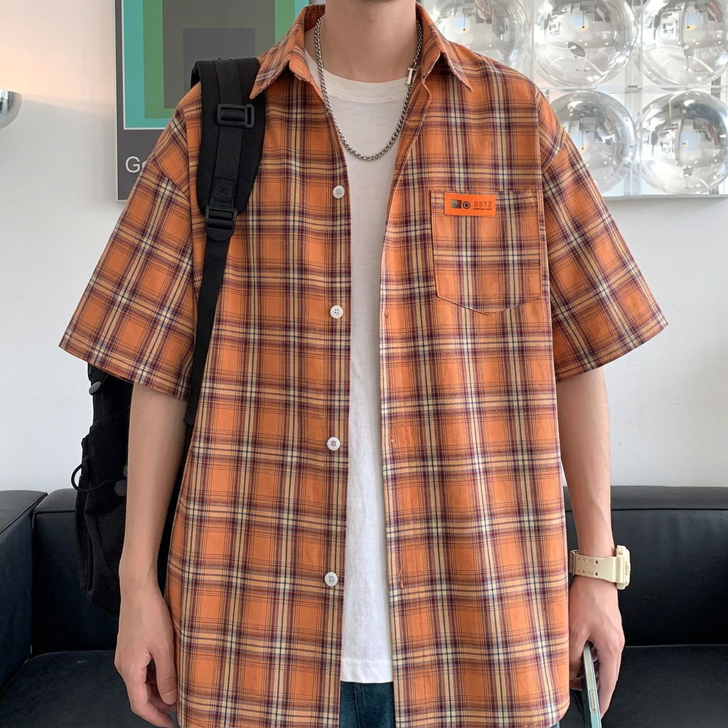 Checkered Short Sleeve Shirt for Men - orange