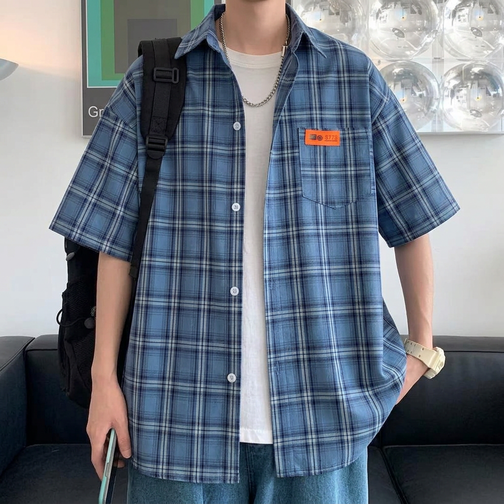 Checkered Short Sleeve Shirt for Men - blue