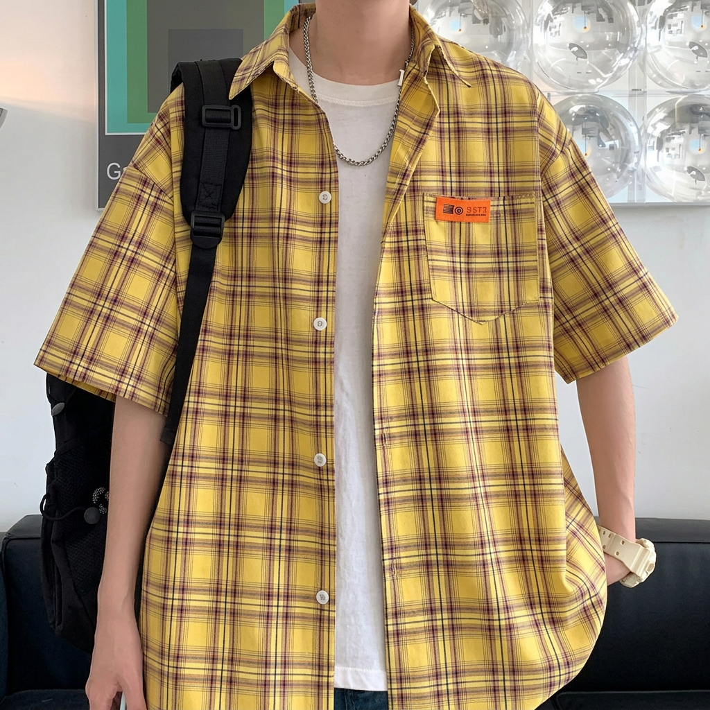 Checkered Short Sleeve Shirt for Men - yellow