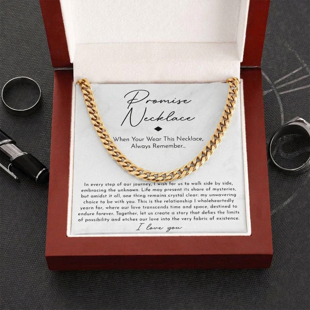 Stainless steel necklace - Golden Cuban Chain + Wooden Box + Card