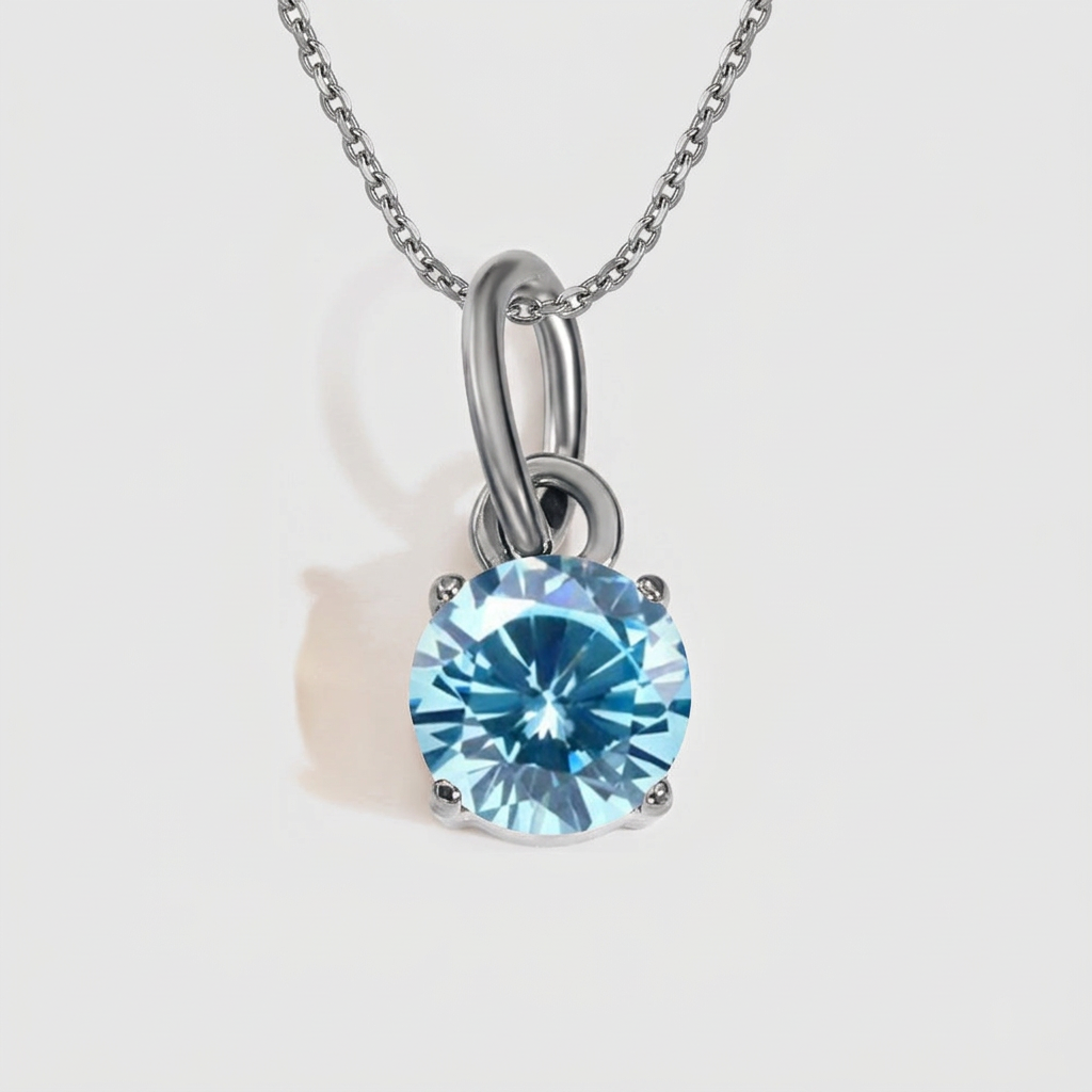 Women's Zircon Pendant Necklace - March Light Blue - Steel Gray