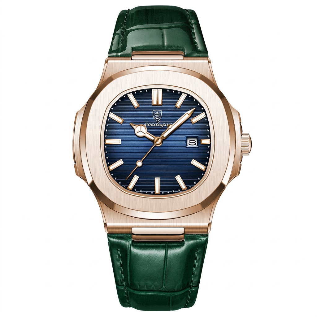 Men's waterproof luminous quartz watch - Rose Gold Green Leather Belt Style