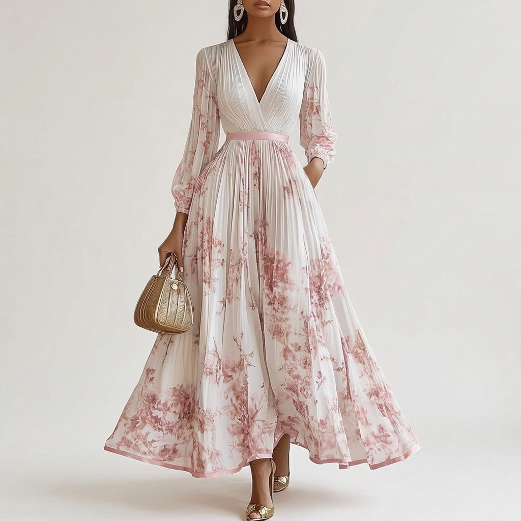 Long sleeved V-neck dress - pink