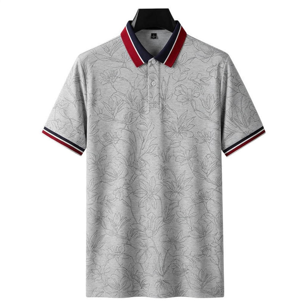 Short Sleeve Polo Shirt - Light Floral Grey